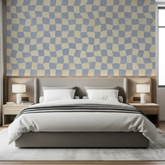 Wavy checkerboard squares lifting a Bedroom, blue checked grid wall mural GD11292
