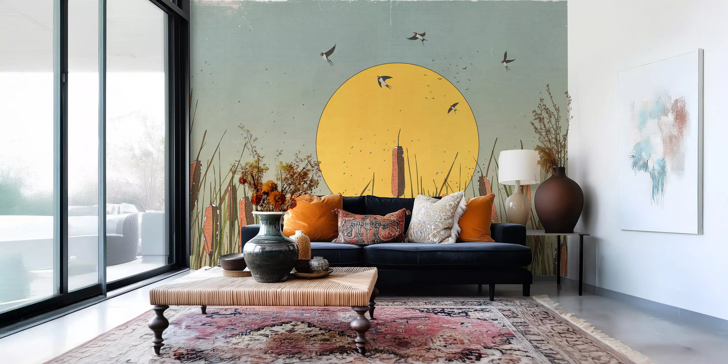 Golden Marshlands and Swallows Wall Mural