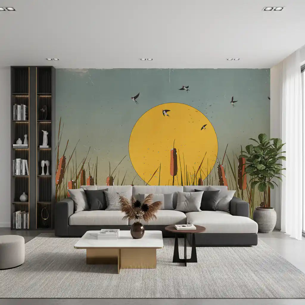 Golden Marshlands and Swallows Wall Mural