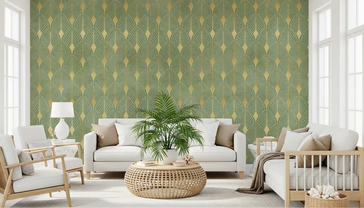 Sage and gold Art Deco fans warm a living room wall mural in neat rows GD11295