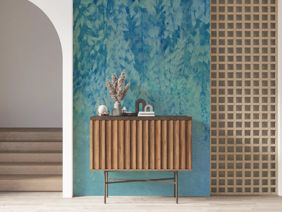 Ethereal wall mural wrapping a hallway in cascading blue leaves GD11300

