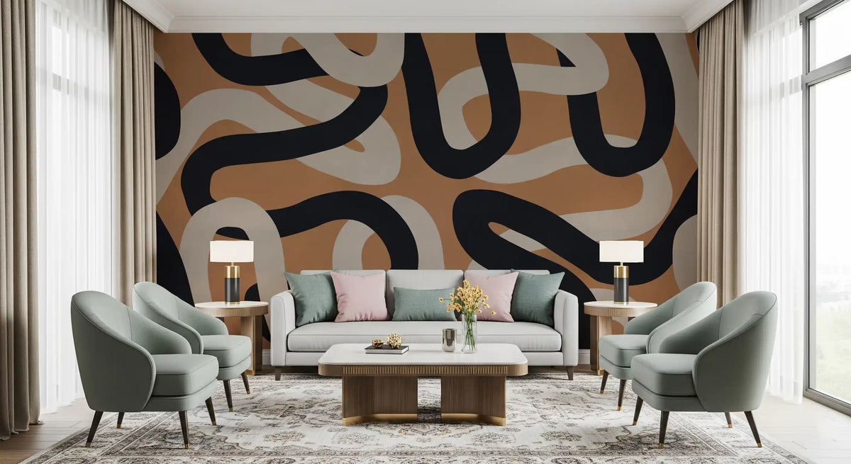 Intertwined earthy curves weaving on a wall mural in a living room GD11304