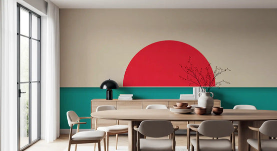 Calm dining area in a red sun seascape from a minimalist wall mural GD11310