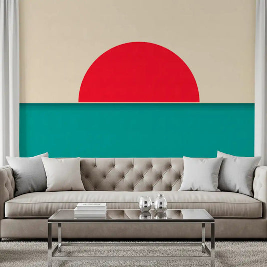 Red sun over a calm sea on a minimalist wall mural in a living room GD11310