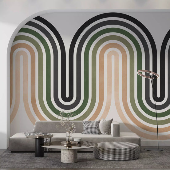 Earthy wave arches climbing an abstract wall mural in a living room GD11312
