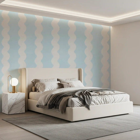 Serenity wall mural wrapping a bedroom in wavy pastel stripes GD11314
