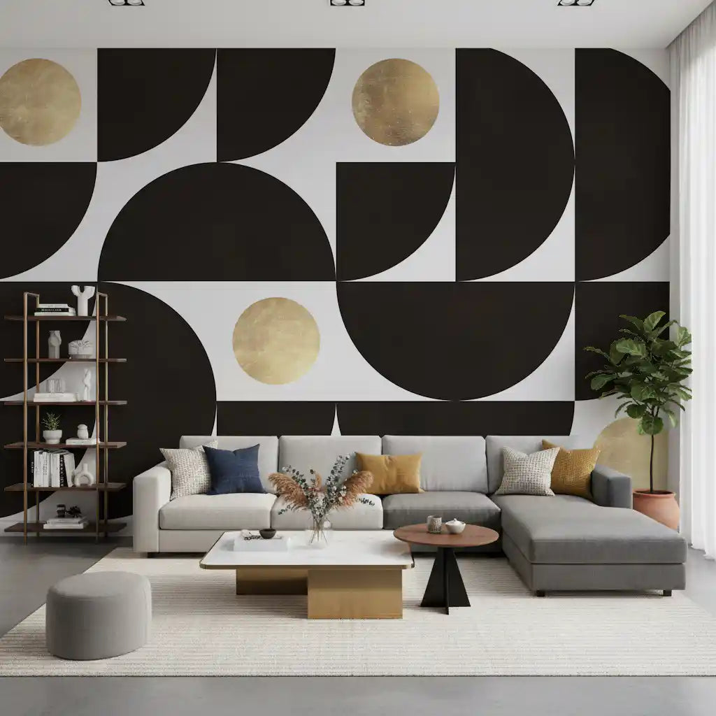 Gold sunburst rays fanning out on an abstract wall mural in a living room GD11315