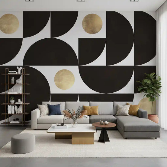 Gold sunburst rays fanning out on an abstract wall mural in a living room GD11315