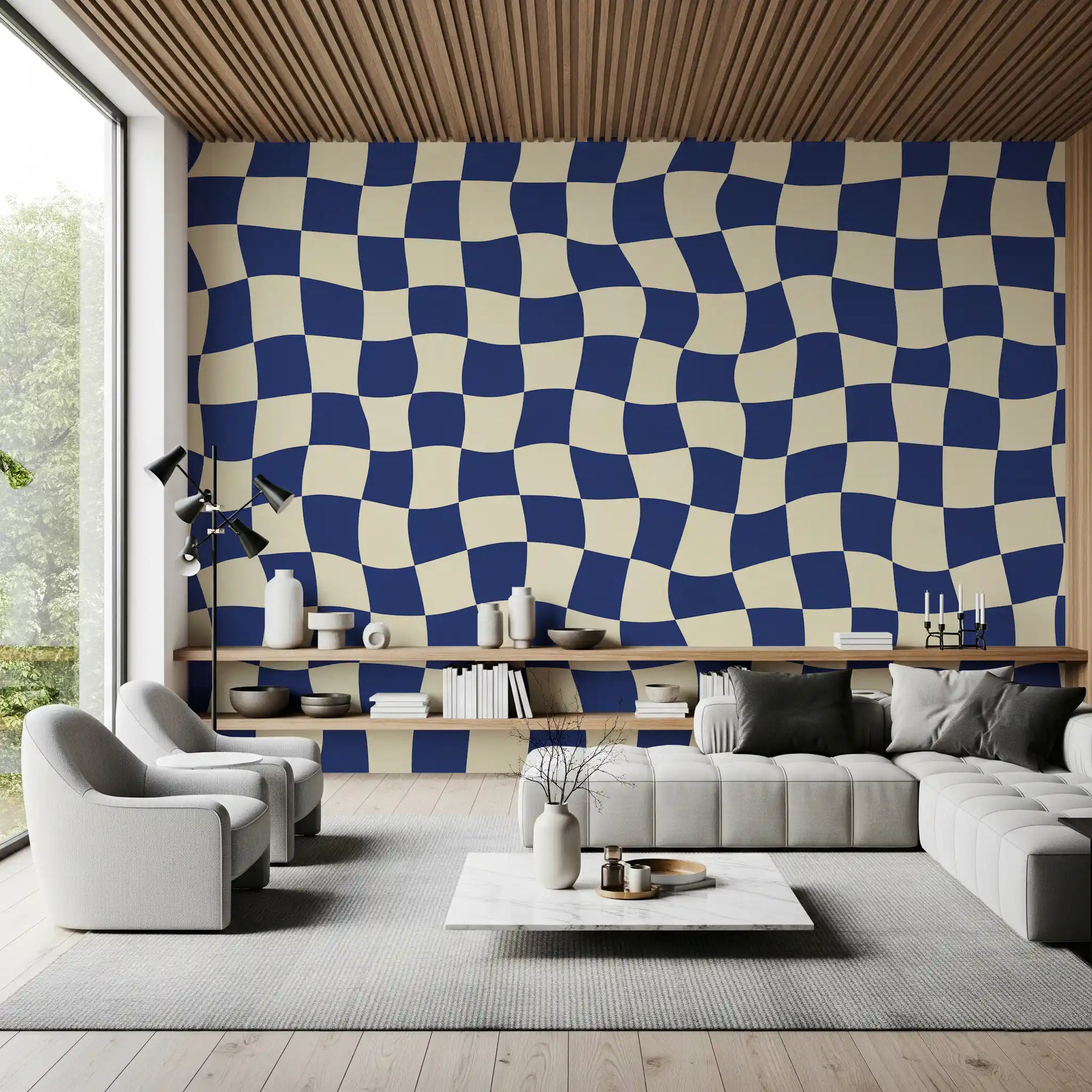 Living room Retro checkerboard wall mural with flowing curved squares GD11319
