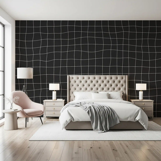 Bedroom Charcoal grid wall mural with clean intersecting line pattern GD11322