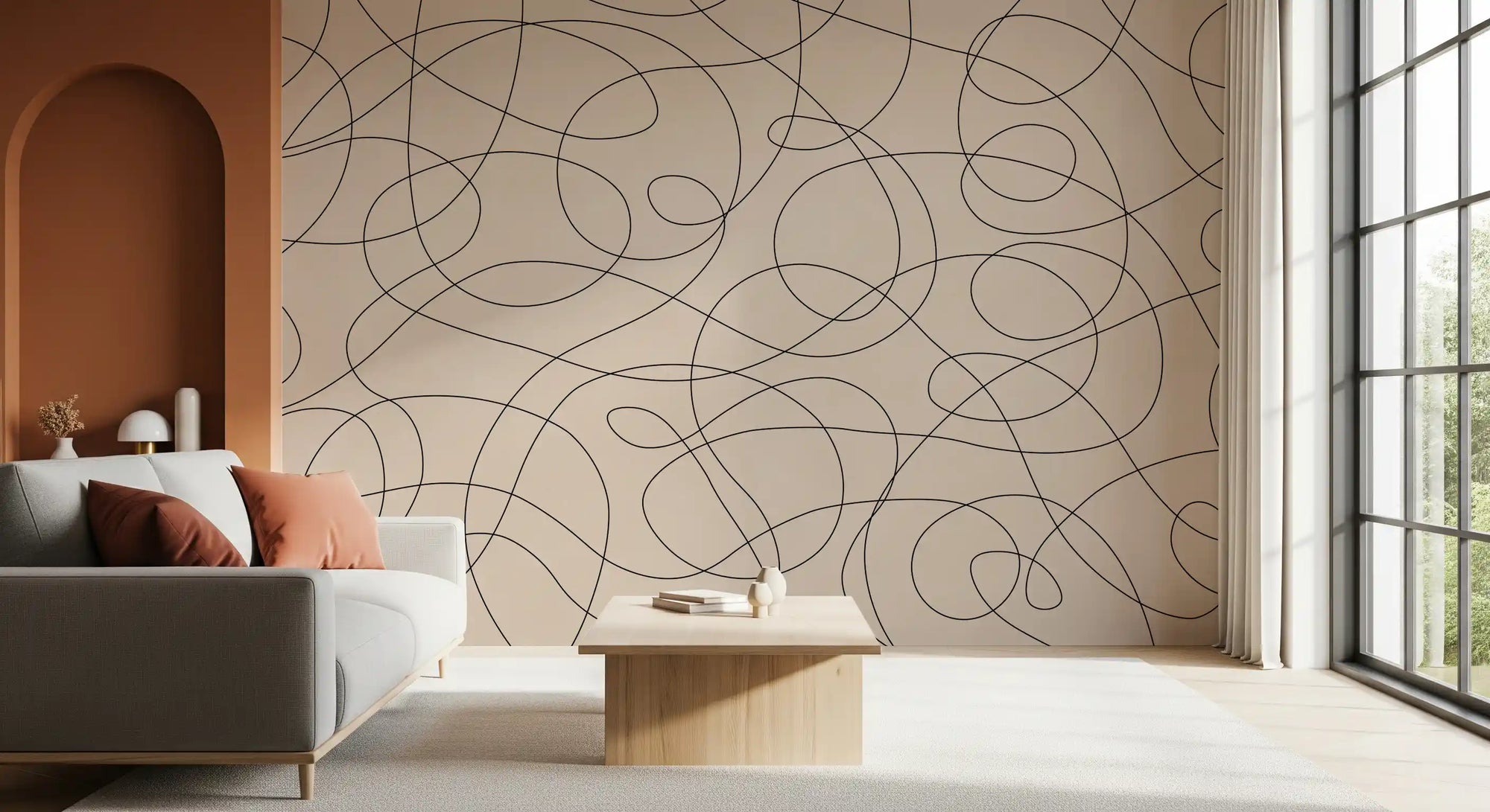 Flowing ink wall mural with expressive abstract brush movement GD11323