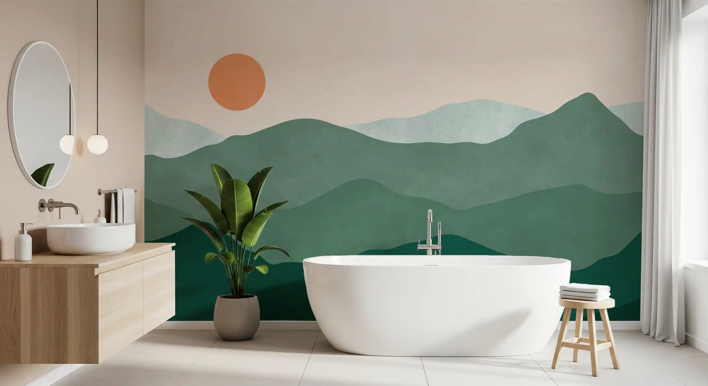 Minimalist Green Mountain Sunset Peaks Wall Mural