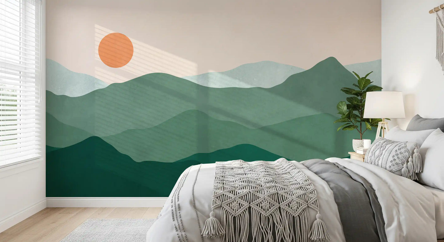 Minimalist Green Mountain Sunset Peaks Wall Mural