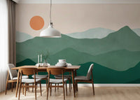 Minimalist Green Mountain Sunset Peaks Wall Mural