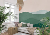 Minimalist Green Mountain Sunset Peaks Wall Mural