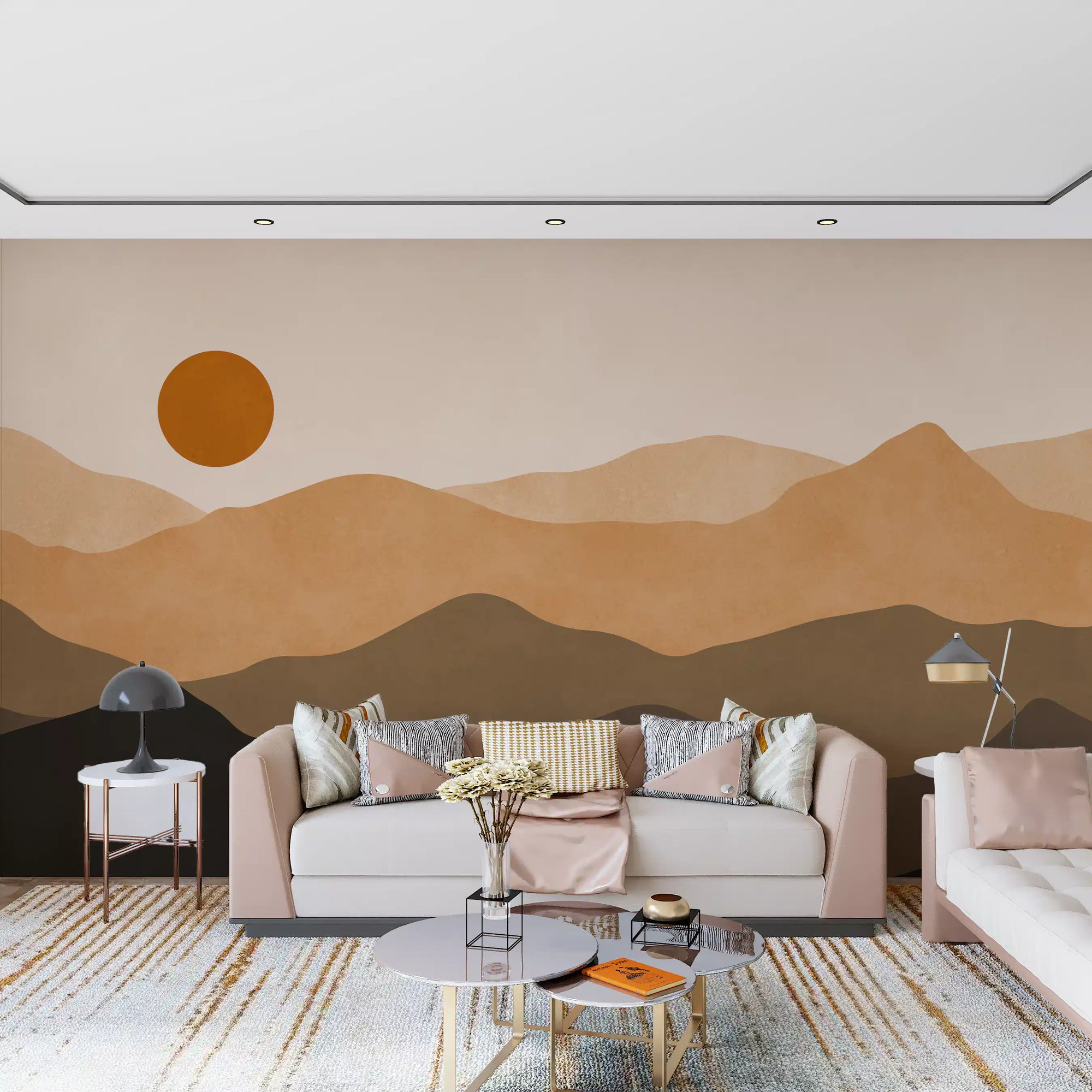 Living room Sunset valley wall mural with layered canyon landscape GD11333