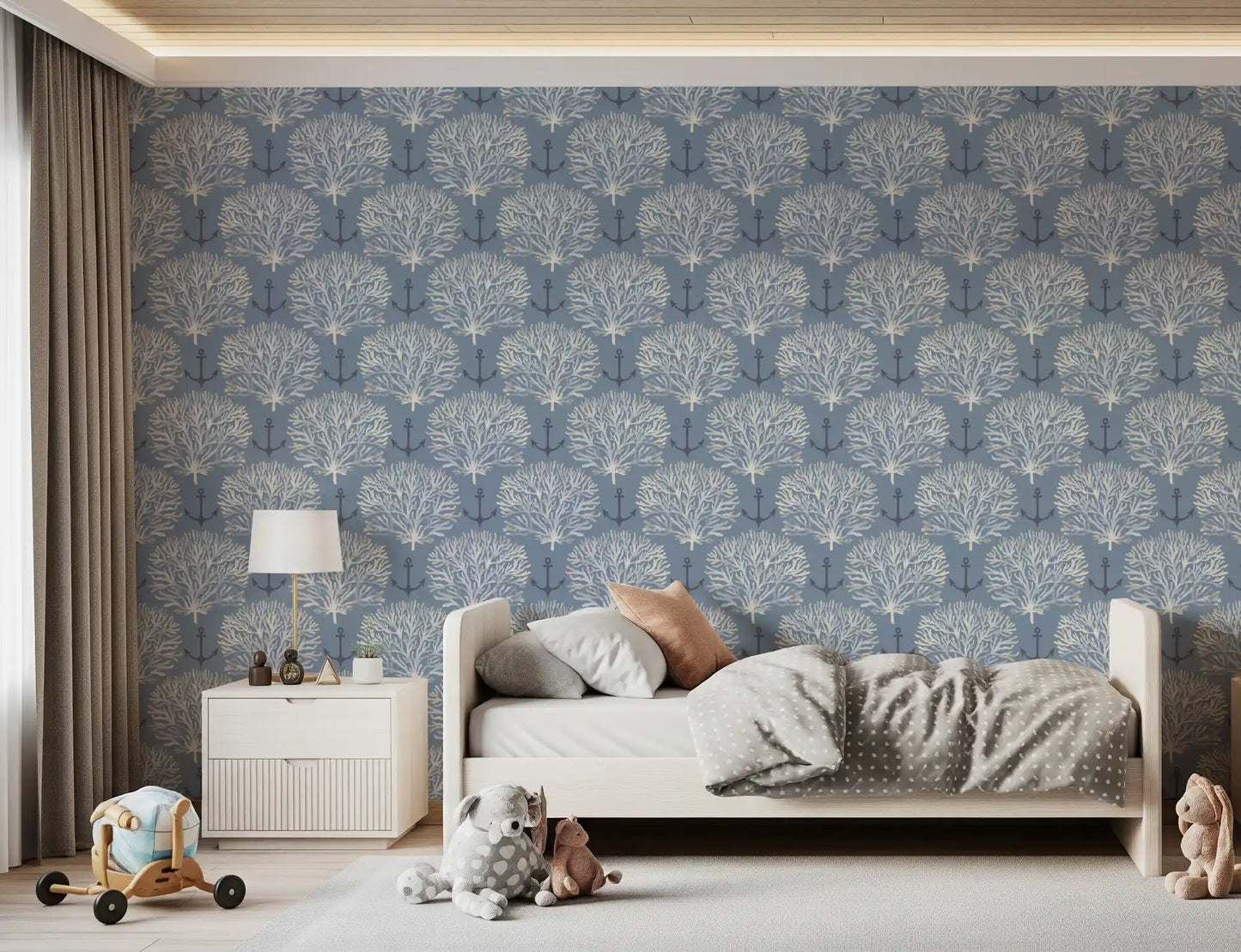 Coastal Marine Coral and Anchor Pattern Wallpaper⁠