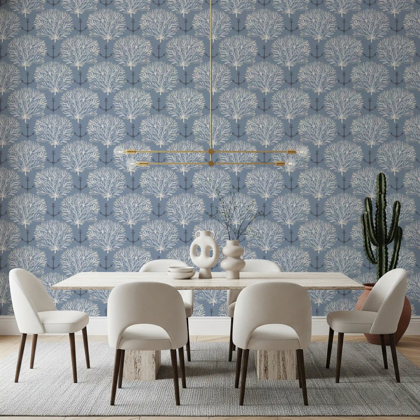 Coastal Marine Coral and Anchor Pattern Wallpaper⁠