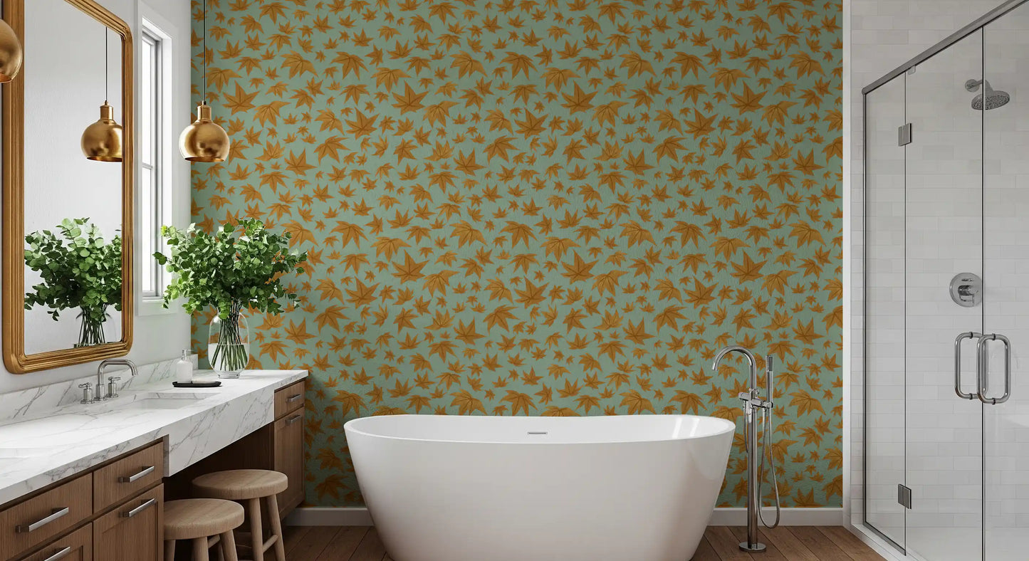 Japanese Maple Leaves - Mustard & Water Wallpaper⁠