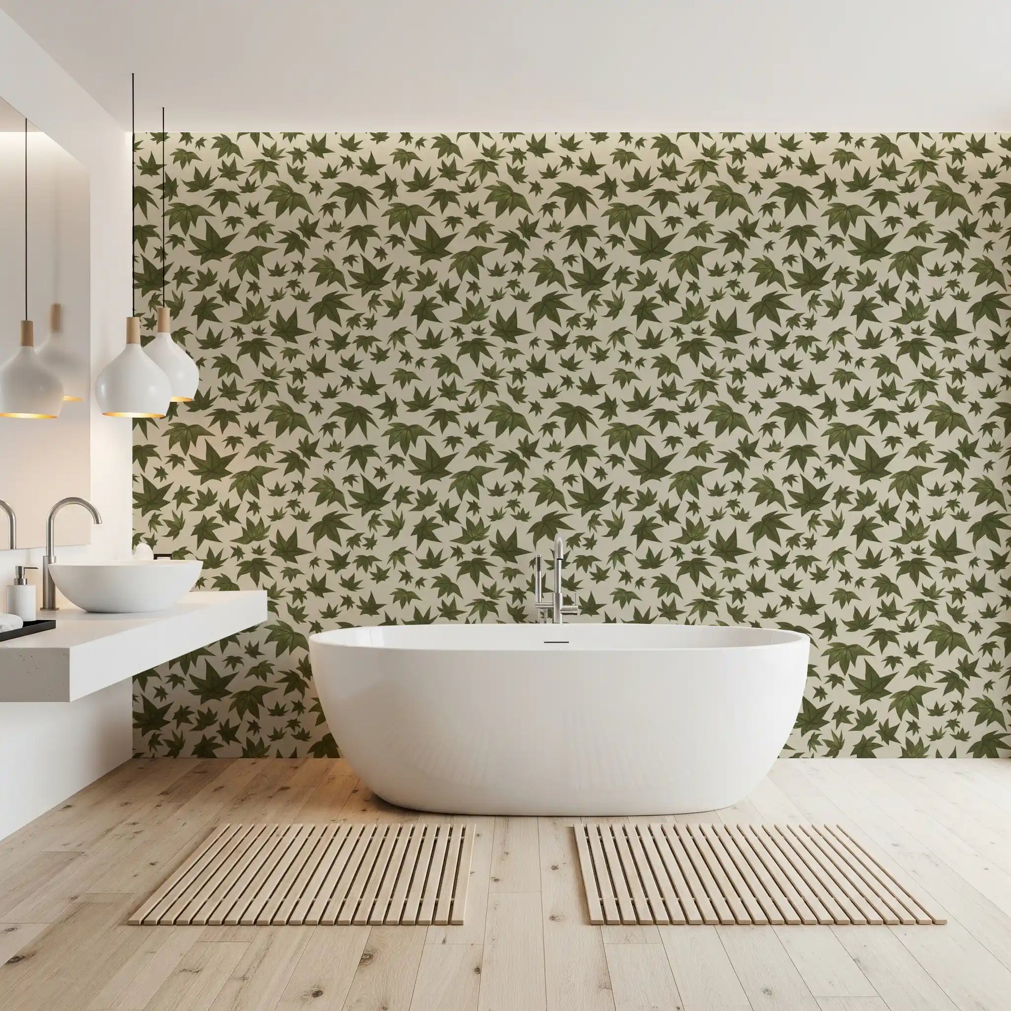 Japanese Maple Leaves Relish Wallpaper with olive botanical pattern GD11351