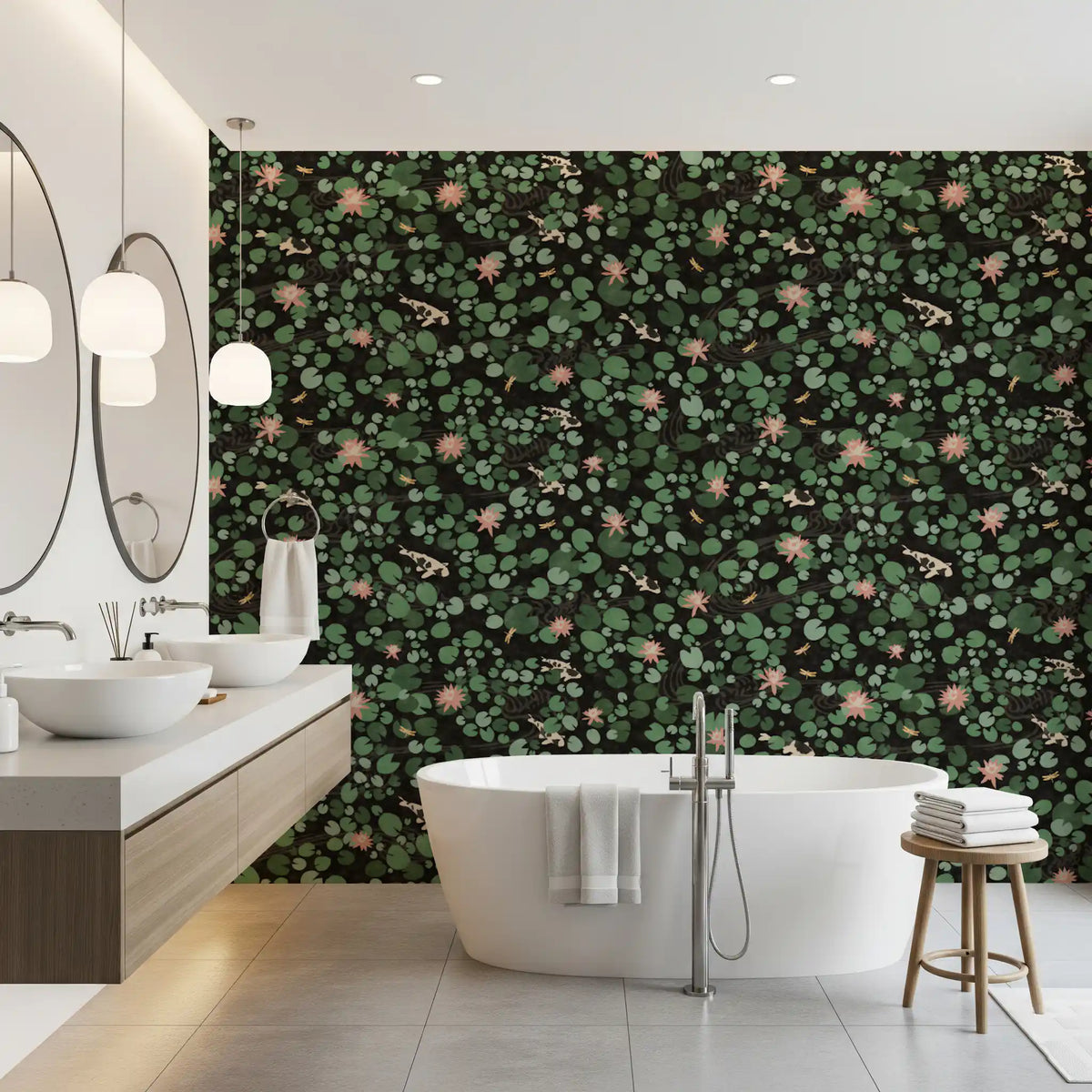 Lily Pad Pond Wallpaper with lotus leaf and floral pattern GD11354