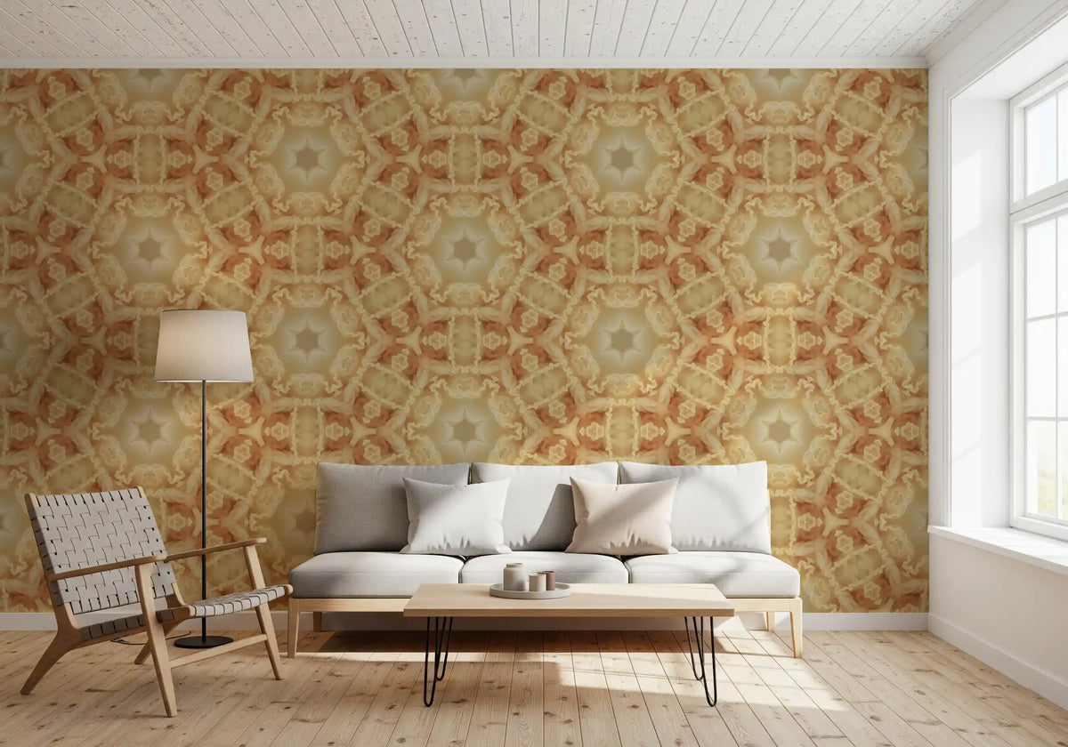 Peach ruffled kaleidoscope warms a living room wallpaper GD11357