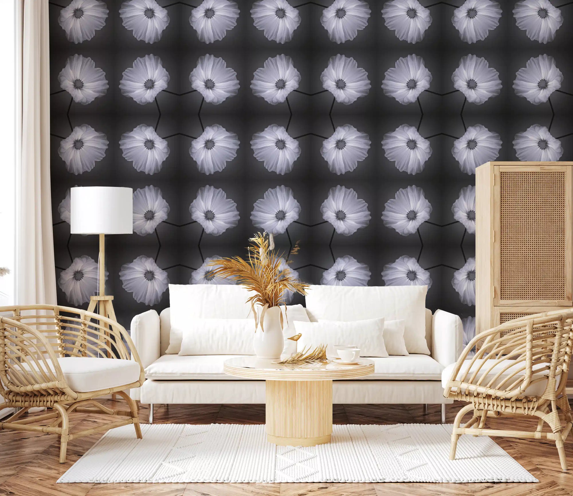 Monochrome botanical symmetry warms a living room wallpaper GD11359