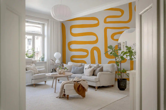 Golden maze linear pattern warms a living room wall mural GD11365

