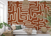 Rustic Terracotta Labyrinth Line Art Wall Mural