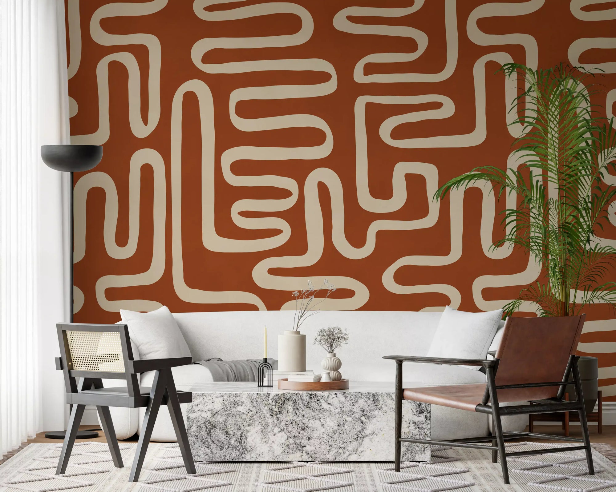 Rustic terracotta labyrinth warms a living room wall mural GD11366
