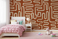 Rustic Terracotta Labyrinth Line Art Wall Mural