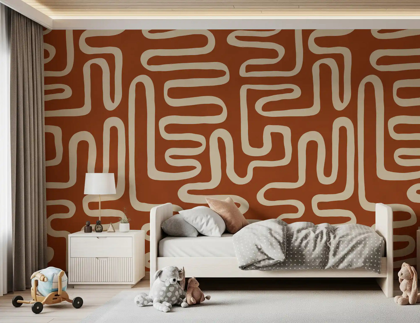 Rustic Terracotta Labyrinth Line Art Wall Mural