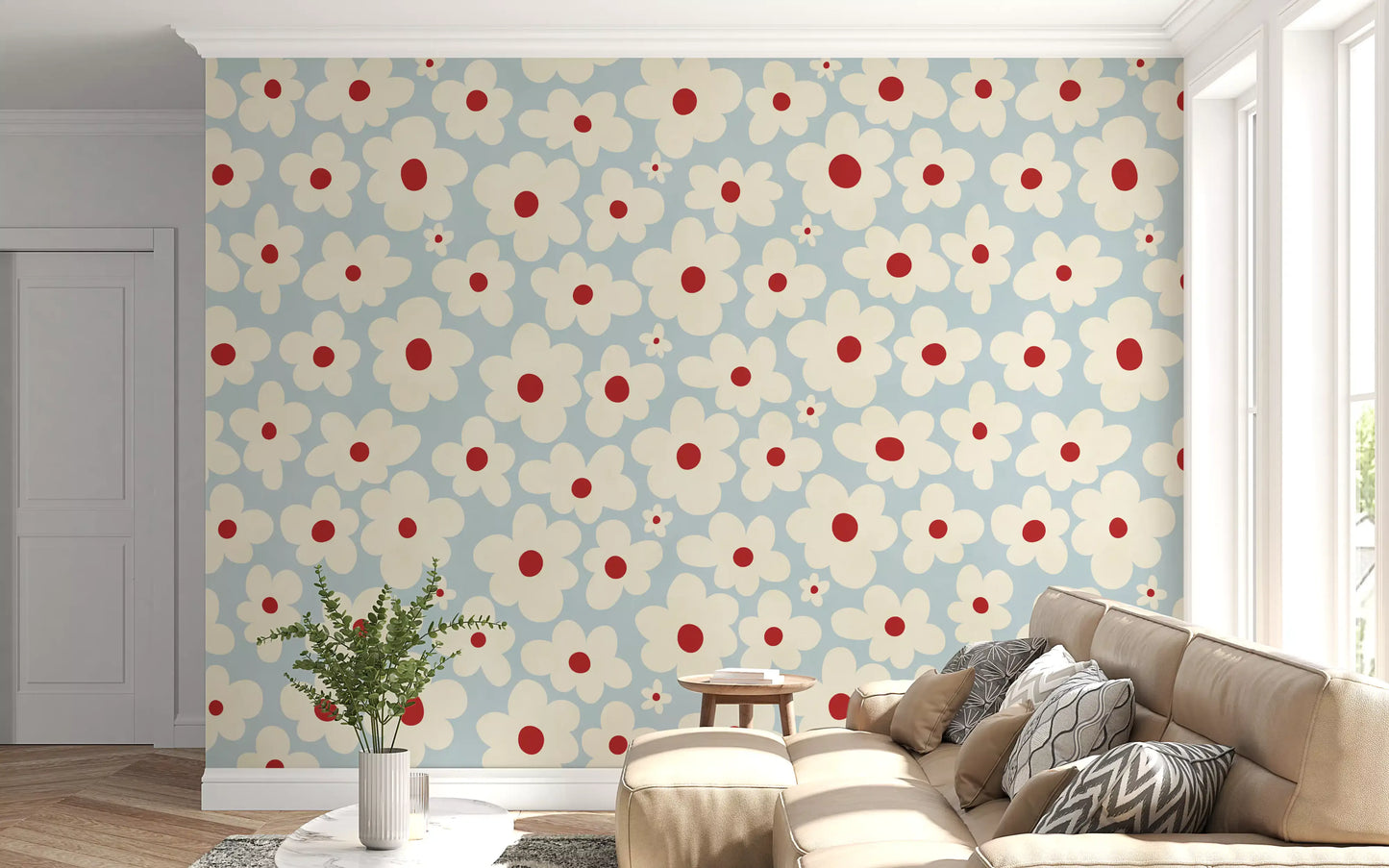 Retro Cream and Red Floral Blooms Wall Mural