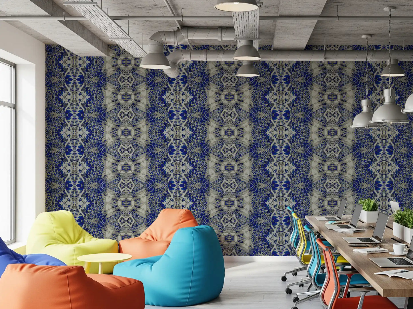 Blue & Gray Abstract Ornamental Geometric Wallpaper - AMBER DESIGN Wallpaper