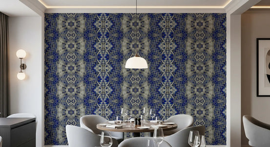 Dining room in blue and gray lattice wallpaper, the Amber ornamental repeat GD11372