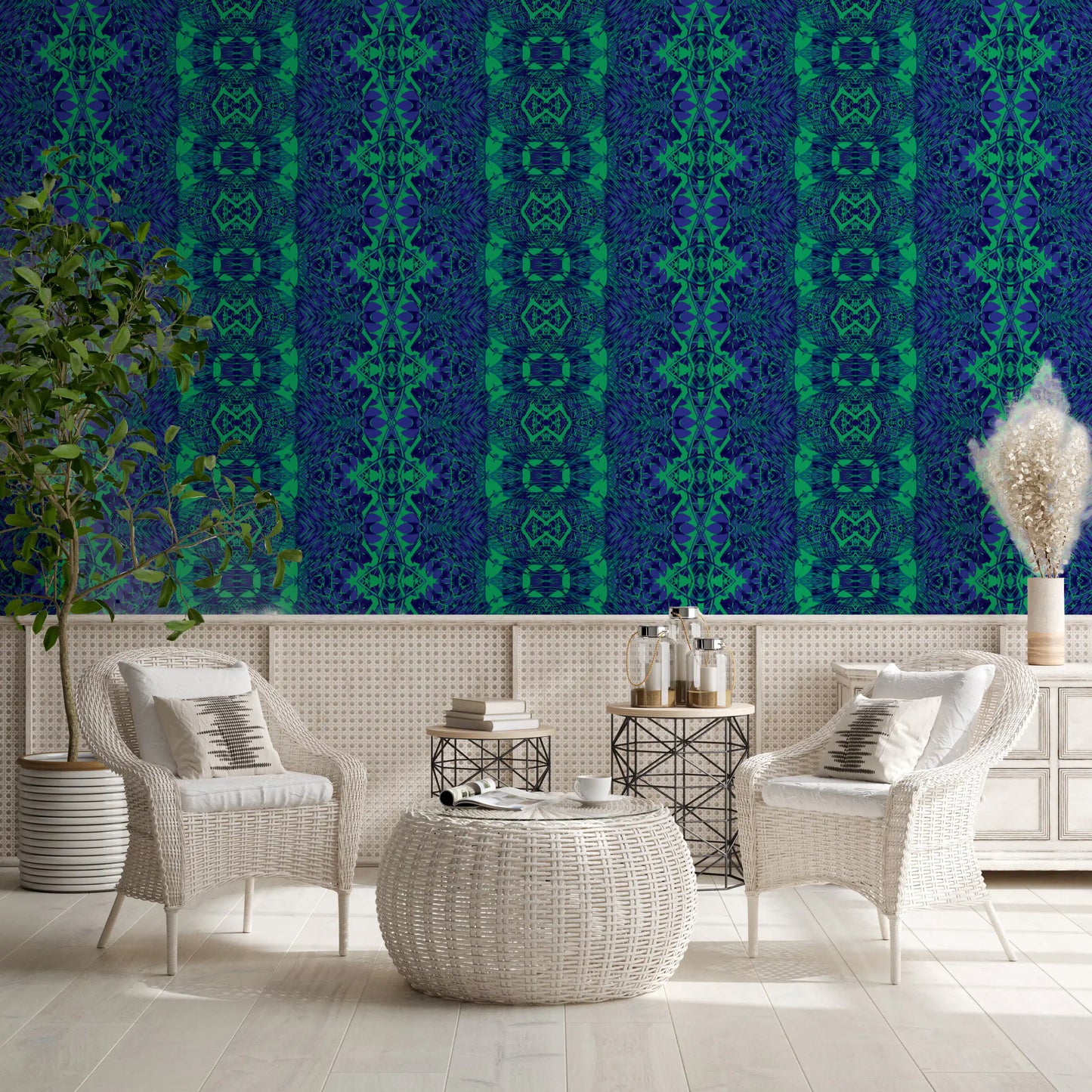 Blue & Green Abstract Ornamental Geometric Wallpaper - AMBER DESIGN Wallpaper