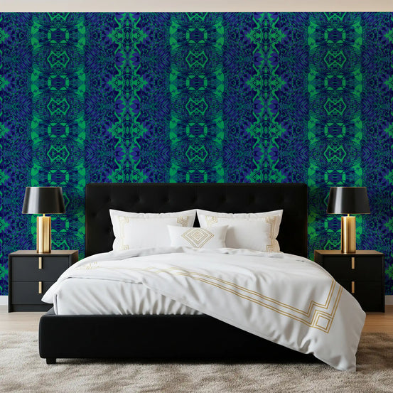 Bedroom in blue and green lattice wallpaper, the Amber ornamental repeat GD11373