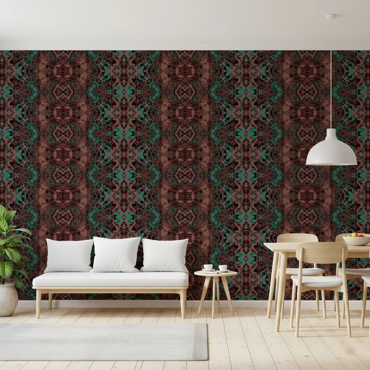 Dining room in teal and brown lattice wallpaper, the Amber ornamental repeat GD11374