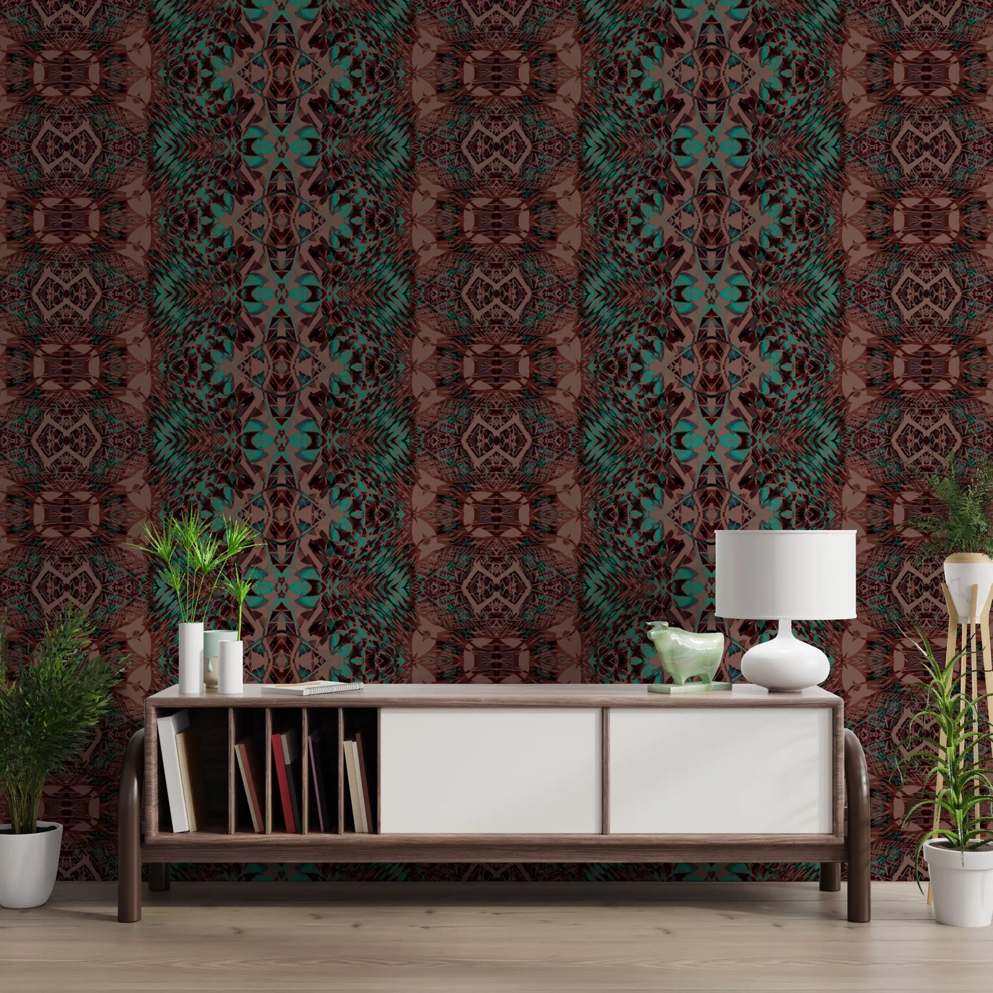 Teal & Brown Intricate Abstract Ornamental Wallpaper - AMBER DESIGN Wallpaper