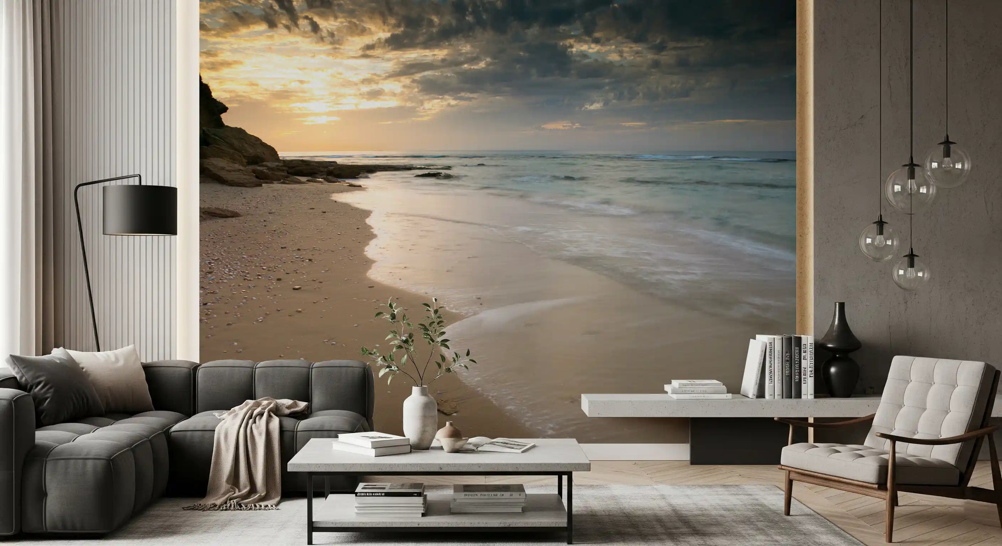 Golden hour tide warms a calm living room wall mural GD11376