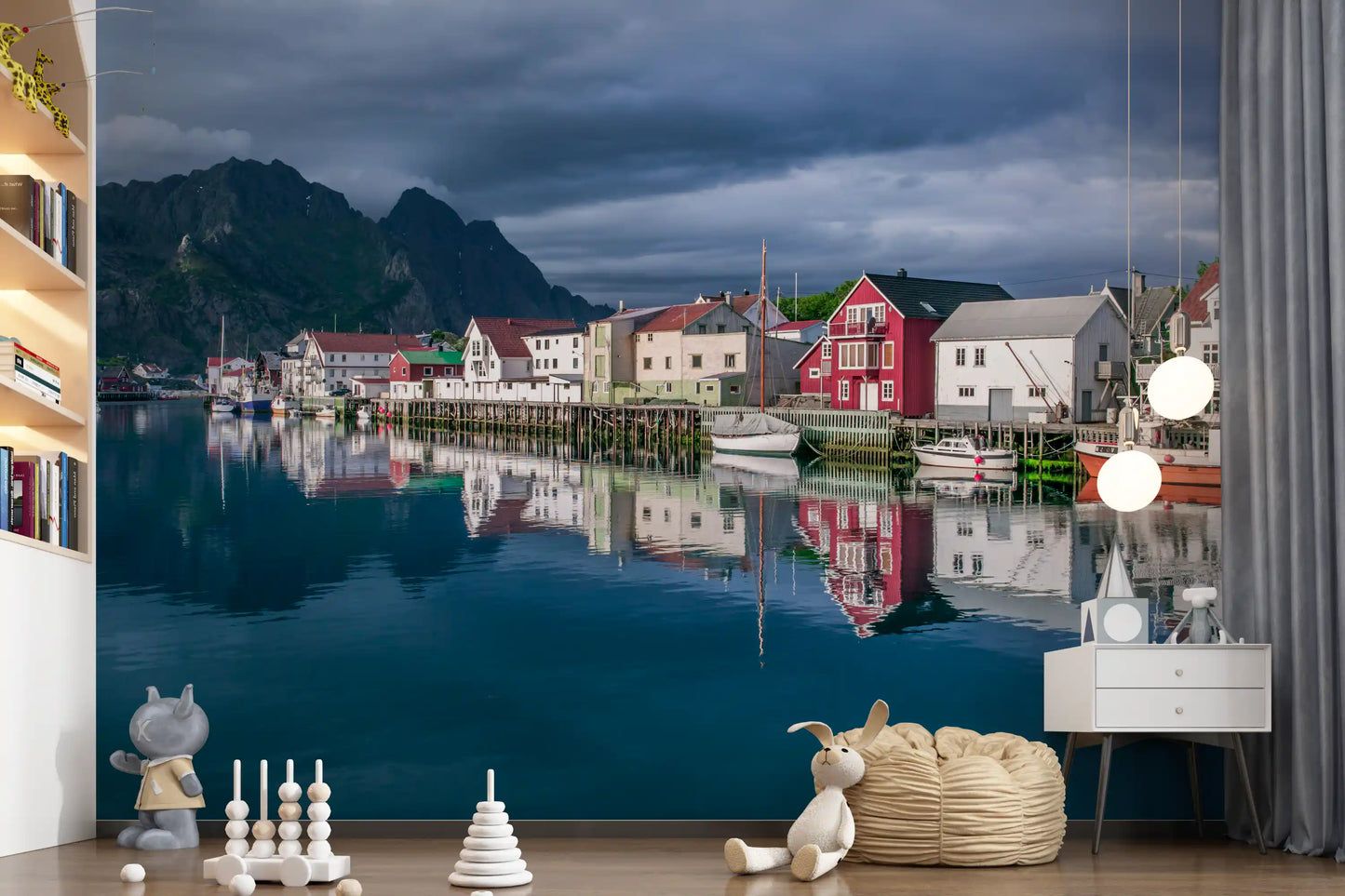 Nordic Mountain Village Waterfront Wall Mural