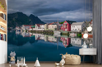 Nordic Mountain Village Waterfront Wall Mural