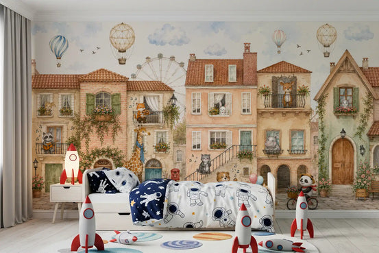Charming animal town cheers a happy kids' room wall mural GD11381