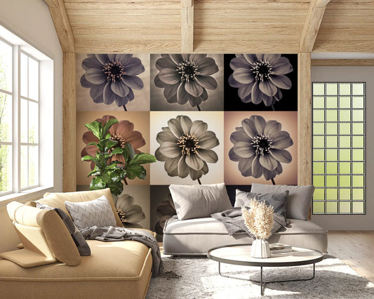 Vintage dahlia grid warms a calm living room wall mural GD11382