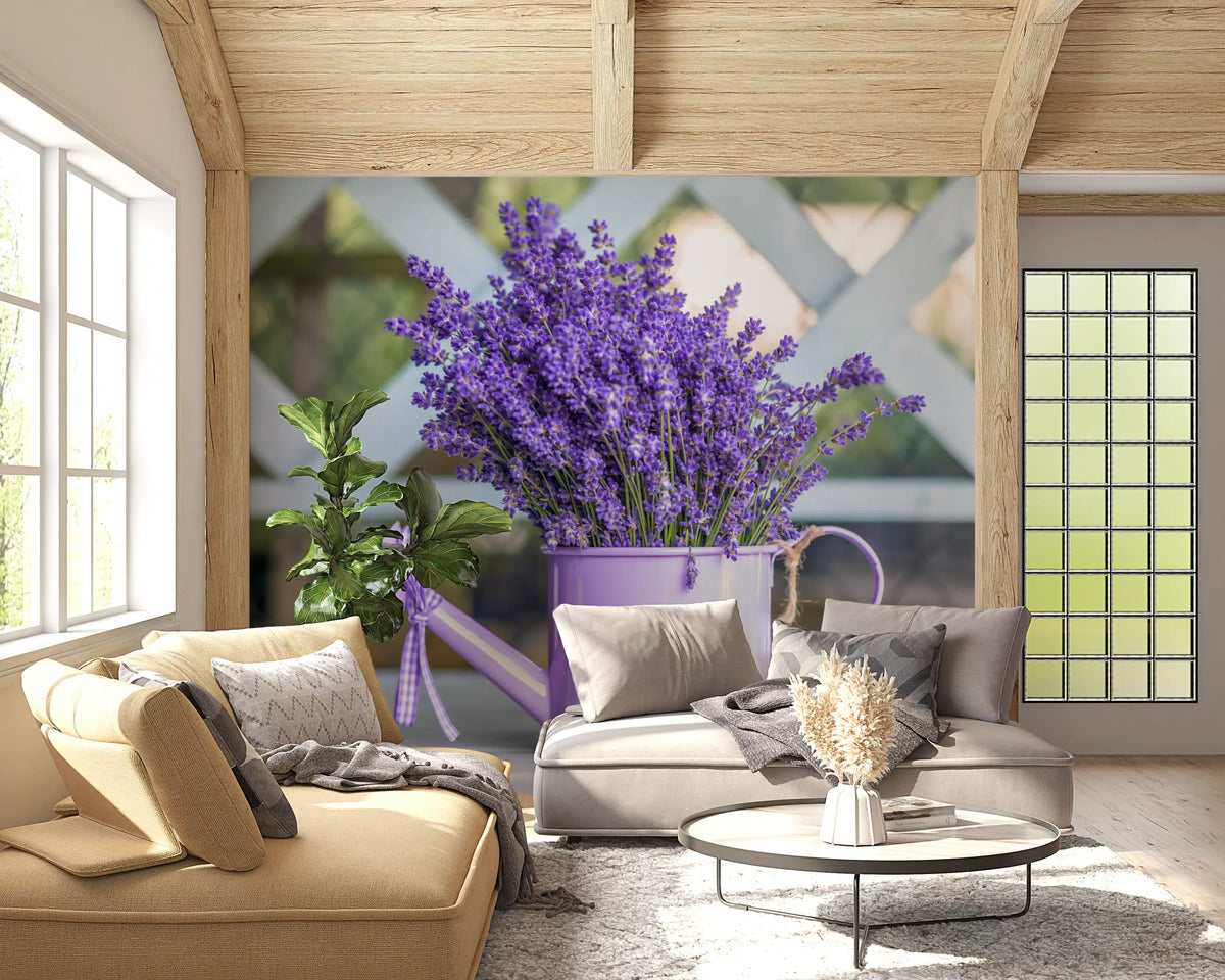Purple lavender and watering can warm a living room wall mural GD11384