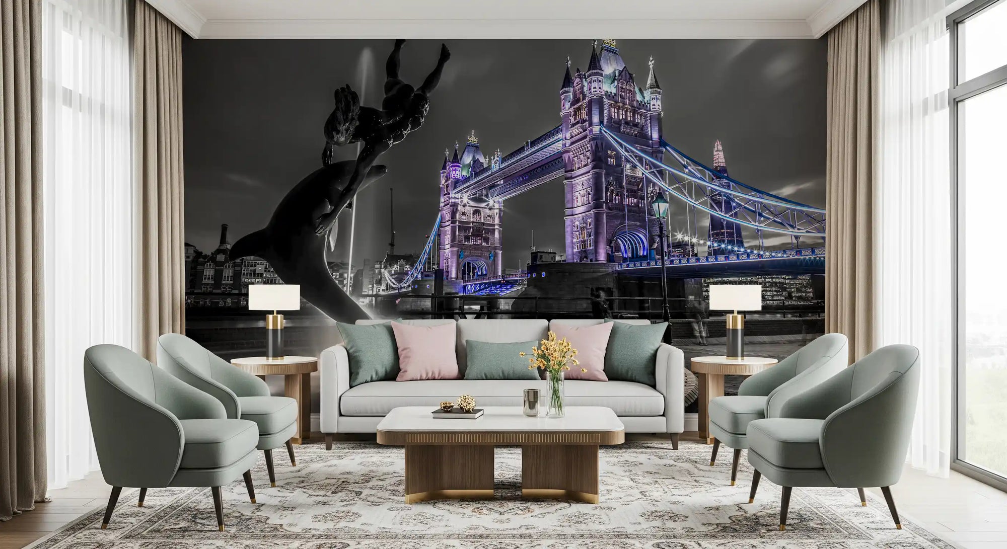 London Bridge night lights warm a modern living room wall mural GD11385
