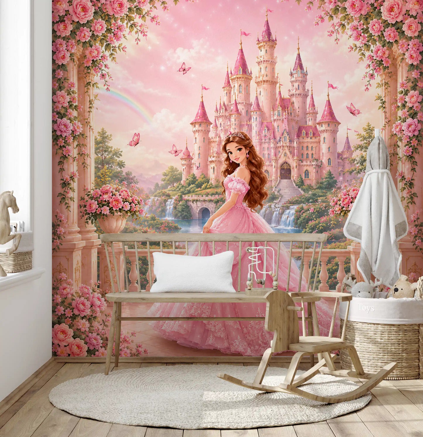 Pink Castle Princess Garden Scene Wall Mural