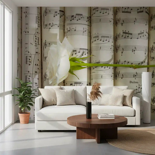 White rose on sheet music calms a hallway wall mural GD11391