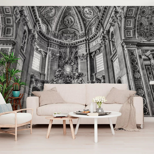 Column-lined cathedral wall mural adding depth to a hallway GD11393