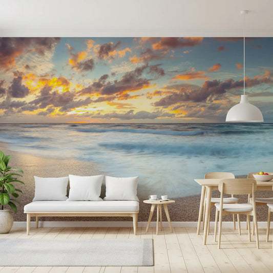 Pastel sunset shoreline warms a dining room with calm light, wall mural GD11396
